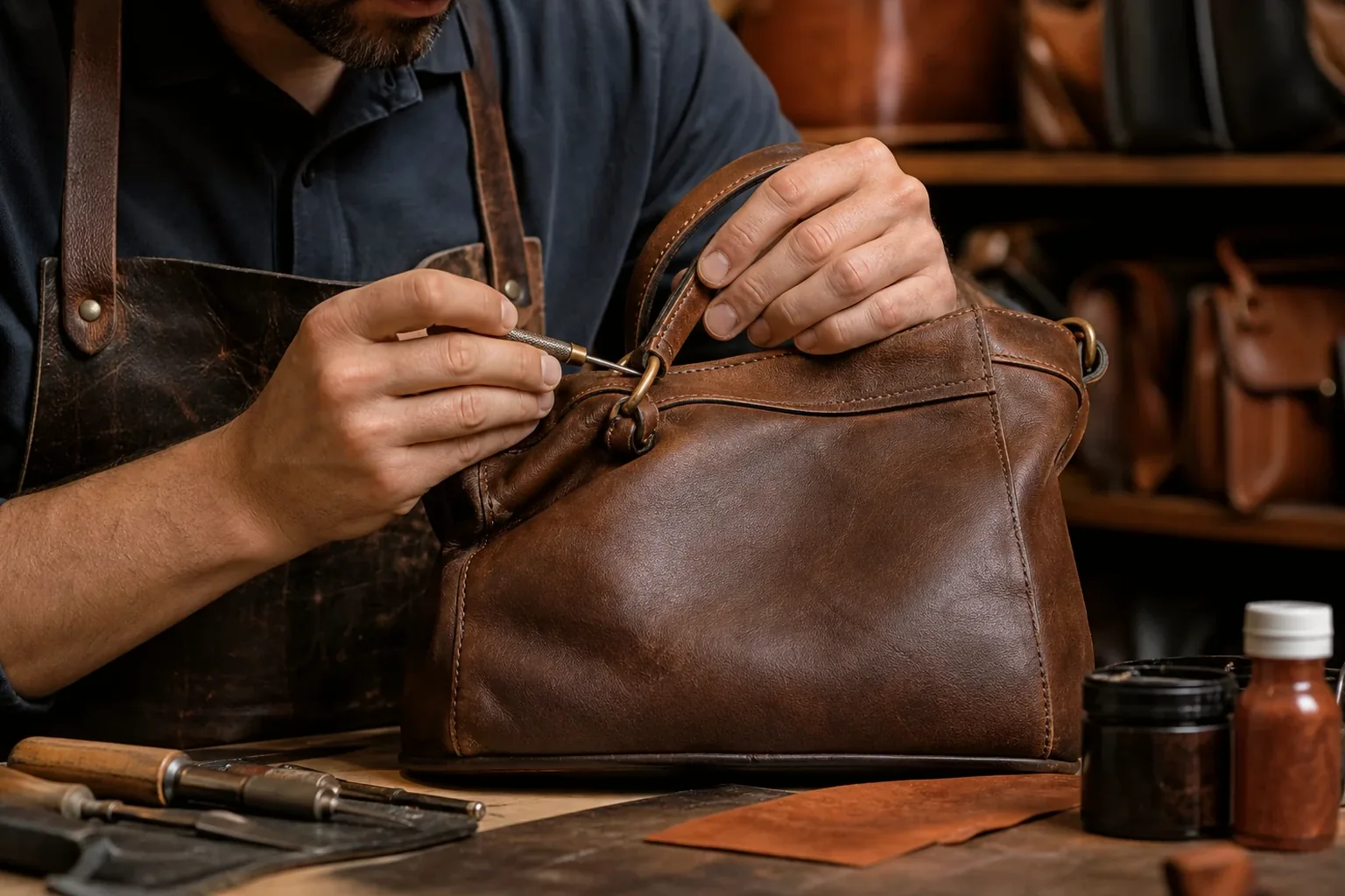 Um profissional reformando uma bolsa de couro em Macaé.