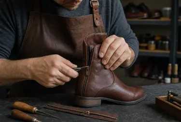 Um sapateiro trabalhando no conserto do zíper de uma bota em Macaé.